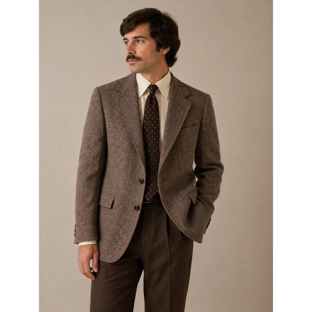 Vintage 70s Harris Tweed Blazer 44 Brown Herringbone Wool Sport Coat Heritage